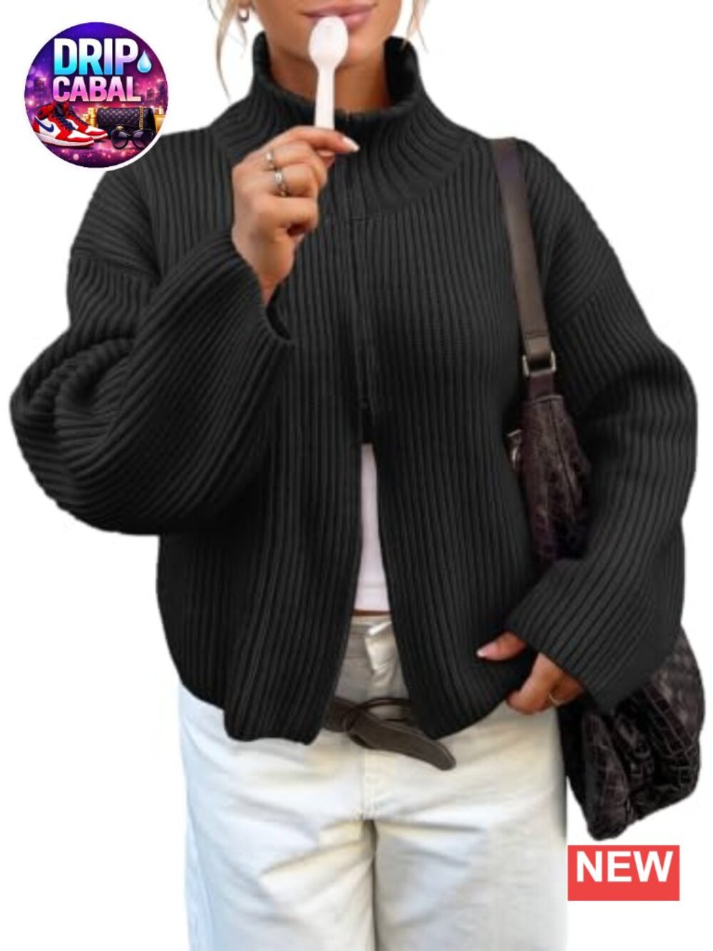 Ribbed Knit Zip Up Cardigan Mock Neck Sweater Jacket